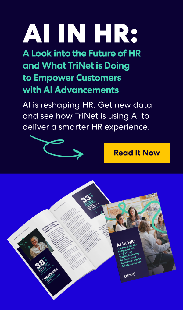 Promotional graphic for TriNet’s AI in HR eGuide, featuring bold text and an open booklet with HR-related content.
