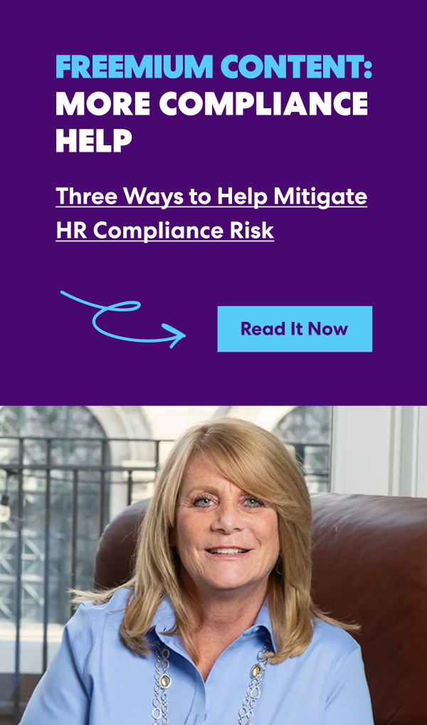 Promotional banner for freemium HR compliance content featuring a woman seated in an office, with text reading “More Compliance Help” and “Three Ways to Help Mitigate HR Compliance Risk,” plus a “Read It Now” button.